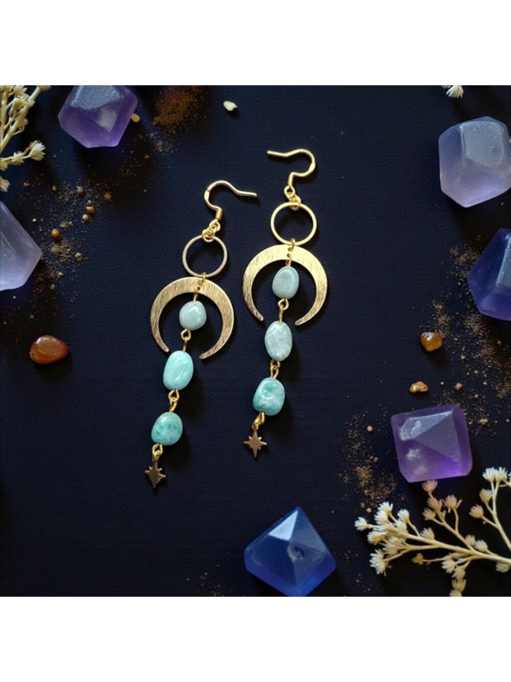Amazonite Moon Earrings, Celestial Dangle Earrings, Natural Amazonite Jewelry - Picture 7 of 7